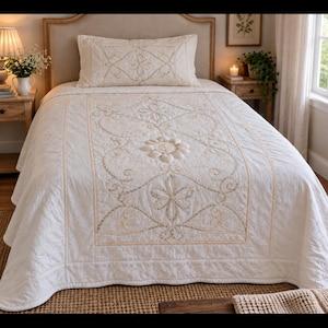 Peut inclure: Un couvre-lit couleur crème avec une taie d'oreiller assortie, présentant des motifs floraux matelassés complexes et des broderies centrales en forme de fleur. L'ensemble de literie offre une surface texturée avec des coutures décoratives.