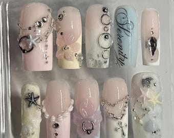 Serenity Cyber Core Press on Nails Handmade 3D Flower Nails Luxury Piercing & Chain False Nails High Quality Hand painted Custom Nail Art