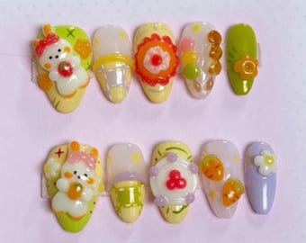 Kawaii Bunny Garden Press on Nails Handmade 3D Rabbit and Carrot Nails Cute Flower Gingham False Nails High Quality Hand painted Nail Art