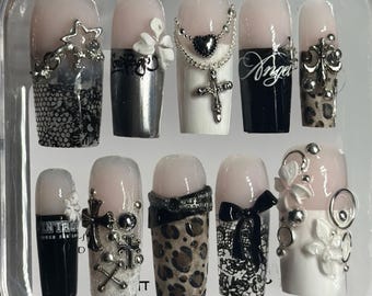 Y2K Angelic Press on Nails Handmade 3D Cross Nails Luxury Leopard & Lace False Nails High Quality Hand painted Custom Rock Core Art Nail Set