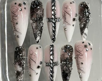 Gothic Angel Press on Nails Handmade 3D Cross Nails Luxury Lace & Rhinestone False Nails High Quality Hand painted Custom Punk Nail Art Set