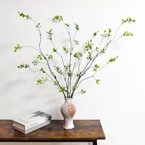 May include: A decorative arrangement featuring slender, dark branches with small green leaves, displayed in a textured, off-white and brown vase. A stack of books with the word "CEREAL" is on a wooden table.