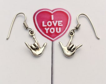 Silver " I Love You " Sign Language Earrings , Hand Made Solid Silver