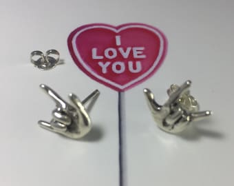 Silver " I Love You " Sign Language Earrings , Hand Made Solid Silver