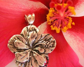 Silver Hibiscus Flower Pendant , Hand Made Solid Silver