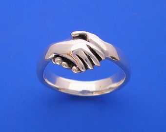 Silver Hands Holding , Hand Shake Ring , Hand Made Solid Silver