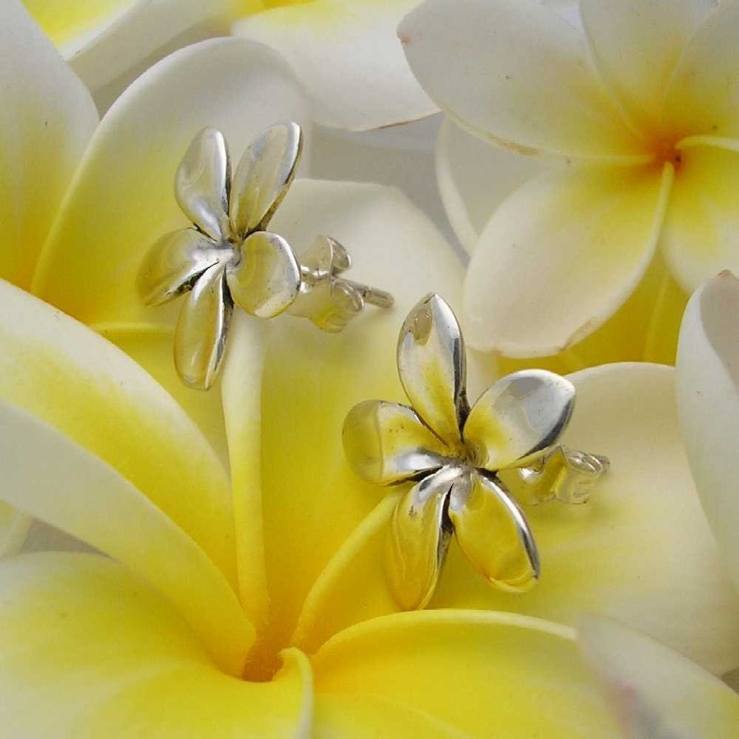 thumbnail image 2 of 925 Sterling Silver Hawaiian Plumeria Flower Post Stud Earrings – 12mm, Blue Green Opal Inlay 2 of 4