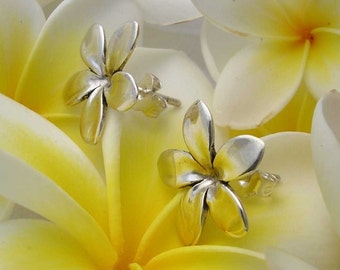 Silver Frangipani Plumeria Flower Hawaiian Stud Earrings , Hand Made Solid Silver