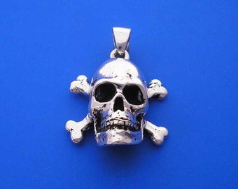 Silver Skull and Cross Bone Pendant , Hand Made Solid Silver