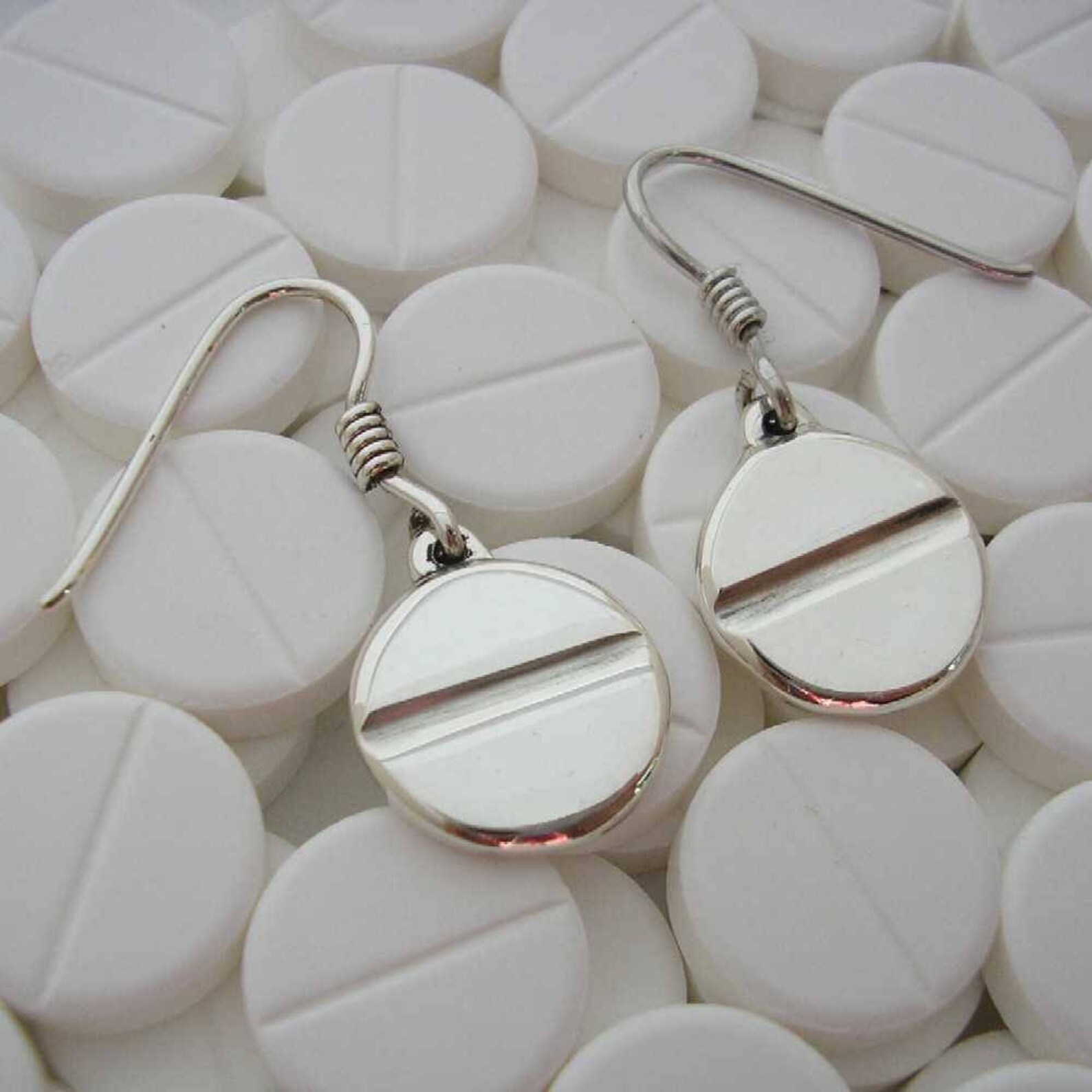 Silver Tablet , Pill Earrings , Hand Made Solid Silver Jewelry