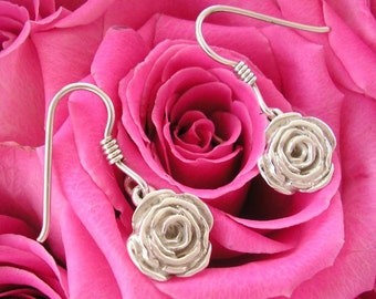 Silver Rose Earrings , Hand Made Solid Silver