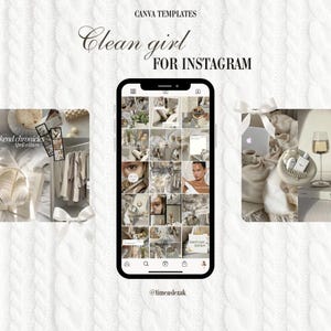 May include: A digital mockup of an Instagram feed, showcasing a clean, minimalist aesthetic. The phone screen displays a grid of lifestyle images. The words "Clean girl for Instagram" are at the top. The background is a white cable knit texture.