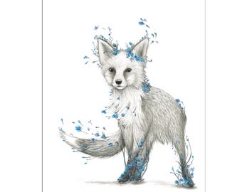 Fox Print Blue Flowers Print A4