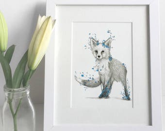 Fox Blue Flowers Print small mounted