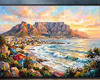 Olieverfschilderij van Kaapstad, wanddecoratie met een kustlandschap van de Tafelberg, impressionistische strandhuisdecoratie
