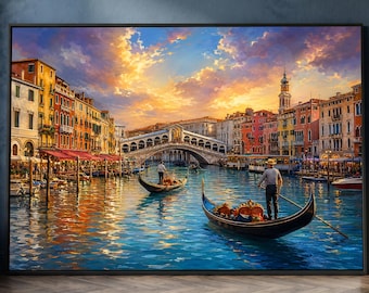 Venetië Rialtobrug Grand Canal Art, schilderij romantische zonsondergang gondel (canvas of poster)