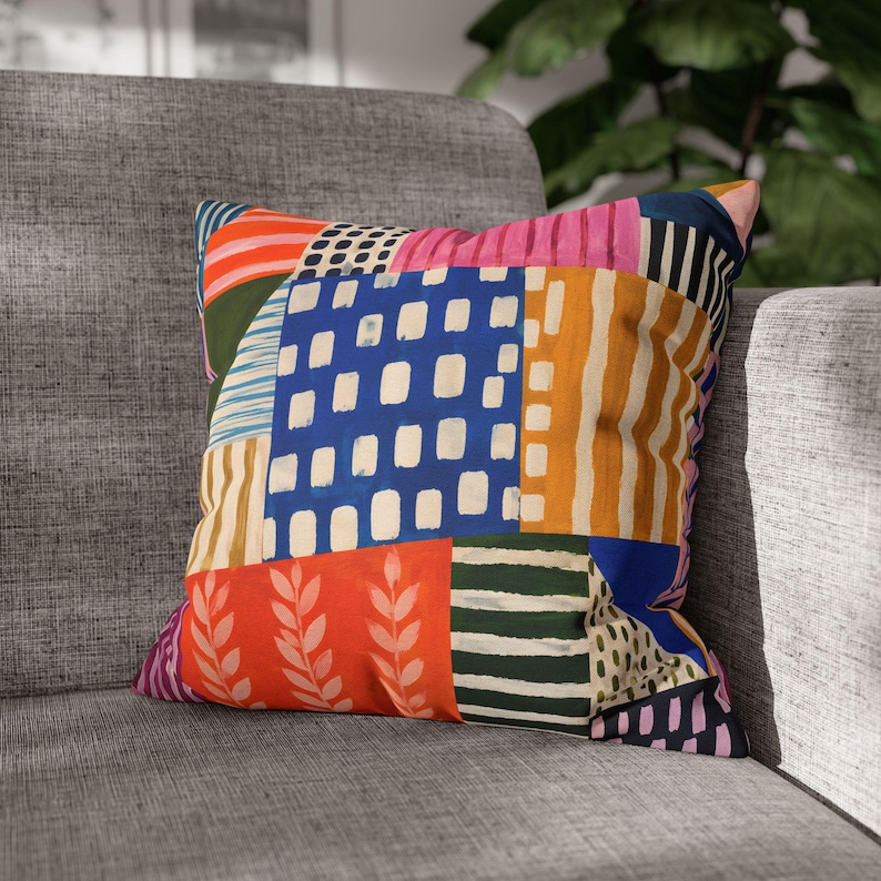 Kussensloop met kleurvlakken patchworkpatroon | Vierkante kussensloop van gesponnen polyester, dubbelzijdig afbeelding 5
