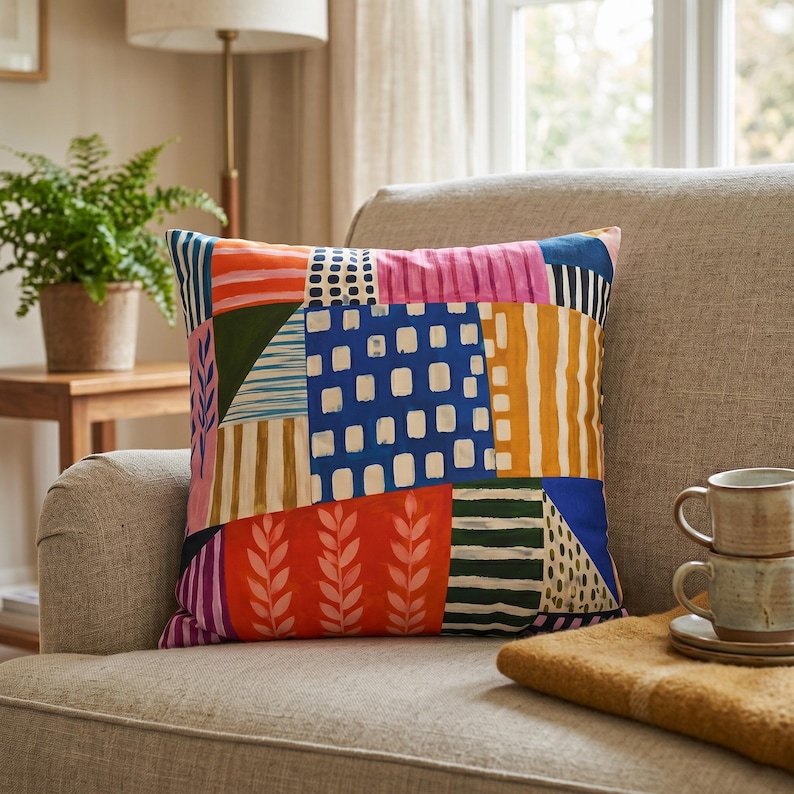 Op de afbeelding: Een vierkant sierkussen met een levendig patchworkontwerp met diverse abstracte patronen, waaronder blauwe vierkanten, oranje bladmotieven, gele strepen en roze secties. De kleurrijke stof toont een mix van geometrische en organische vormen.