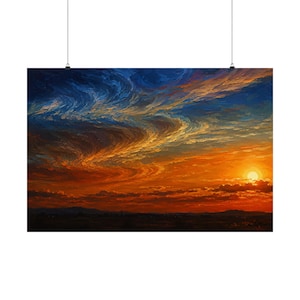 Dramatic Sunset Wall Art, Abstract Sky Painting, Orange Blue Landscape Art, Van Gogh Inspired Art, Moody Sunset Decor