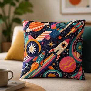 Funda de almohada con diseño de cohetes retro y planetas espaciales / Funda de cojín cuadrada