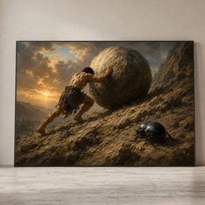 Peut inclure: Une impression d'art mural encadrée représentant une silhouette musclée poussant un gros rocher rond sur une pente de montagne escarpée et rocheuse lors d'un coucher de soleil doré. Un scarabée sombre et brillant est posé sur le terrain accidenté.