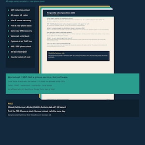 May include: A digital document titled Visibility Systems Lab Missed-Call Recovery Binder, a 40-page US Letter PDF. The page displays a Frequently Asked Questions section, a dark blue header, and a teal banner stating Worksheet / SOP. Not a phone service.