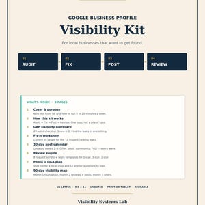 May include: A printable 8.5 x 11 inch Google Business Profile Visibility Kit document from Visibility Systems Lab. The page outlines a four-step process: Audit, Fix, Post, and Review, and lists eight pages of content including a scorecard, worksheets, and a 90-day map.