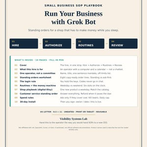 May include: A printable 21.59 x 27.94 cm Small Business SOP Playbook titled Run Your Business with Grok Bot by Visibility Systems Lab. The document outlines a 10-page field kit for operators, featuring sections on hire, authorise, routines, and review.