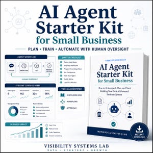以下が含まれることがあります： 青と白の表紙の「AI Agent Starter Kit for Small Business」というタイトルの白い本。この本には、ワークブックとスタータープランが含まれています。画像には、AIエージェントのワークフローとビジネスへの影響に関するインフォグラフィックも表示されています。
