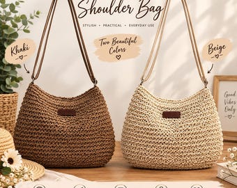 Handmade Crochet Straw Crossbody Bag, Woven Shoulder Purse, Boho Summer Beach Tote