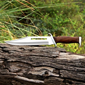 May include: A fixed-blade knife featuring a polished silver-tone steel blade with a prominent cutout slot near the spine, a curved metal guard, and a smooth, dark brown wooden handle with a metallic pommel cap at the end of the grip.