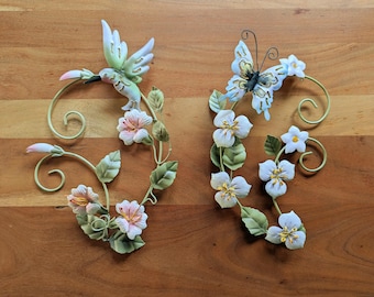 Vintage-Wandkunst aus Metall – Kolibri & Schmetterling – handgefertigt, handbemalt, florale Gartenkunst