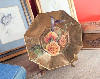 Scott Potter signierte Decoupage-Glasplatte mit Kolibri-Blumenmotiv und vergoldeter Verzierung