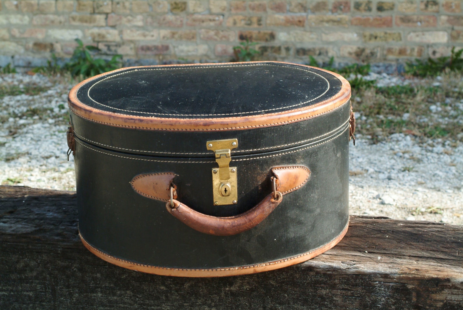 Vintage Round Suitcase Luggage PIece Brown and Black Leather Etsy