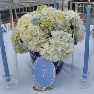May include: A table setting with a centerpiece of white and blue hydrangeas in a blue and white vase. Blue candles in glass holders flank the floral arrangement. A table number 7 is visible.
