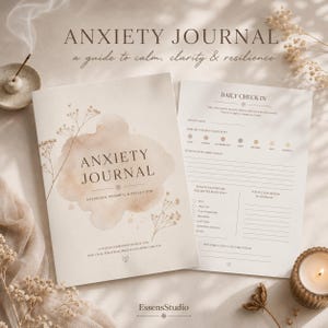 Può includere: Un Anxiety Journal aperto con un design ad acquerello e le parole "Anxiety Journal" sulla copertina. Il diario include suggerimenti ed esercizi per la riflessione. Una pagina "Daily Check In" è visibile. Una candela accesa e incenso sono sullo sfondo.
