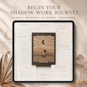 May include: A digital tablet displays a journal and worksheets with the text "Begin Your Shadow Work Journey." The journal cover features a person in water under a crescent moon. The worksheets include prompts for self-discovery and gentle guidance.