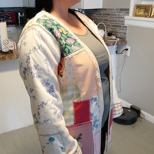 One-of-a-Kind Upcycled Patchwork Coat – Vintage Fabrics, Hand-Sewn, Size L–XL