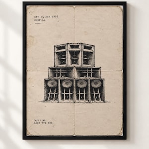 May include: A framed black ink illustration on aged, folded paper depicting a large sound system stack with multiple speakers. The text reads SAT 24 APR 1993, NORFOLK, and INFO LINE: 0898 772 394. The artwork is enclosed in a simple black rectangular frame.