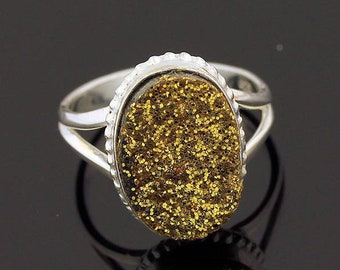 Gold Druzy    Sterling Silver, Ring Size 5.5 Handmade Jewelry