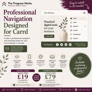 Peut inclure: Une publicité pour des modèles de navigation de site web Carrd. Le graphique contient du texte comme The Progress Works, Professional Navigation Designed for Carrd, et des prix de £19 et £79. Il montre une maquette d'interface avec un menu, un vase avec une plante et des icônes de réseaux sociaux.