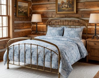Set da letto in cotone con fantasia floreale blu: copripiumino e federe.