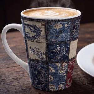 Vintage Paisley Patchwork Latte Mug | Blue Red Quilt Tile Pattern