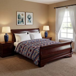 May include: A bedroom scene featuring a dark wood sleigh bed with a patterned comforter in shades of blue, red, and cream. Two matching nightstands with blue lamps flank the bed. Two framed landscape art pieces hang above the bed.