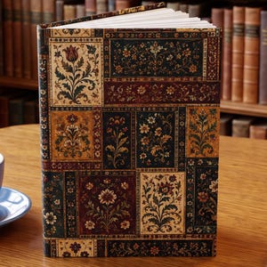 Könnte beinhalten: Ein gebundenes Buch mit einem Einband im Patchwork-Stil, bestehend aus rechteckigen Feldern mit komplexen Blumenmustern in Dunkelrot, Dunkelgrün, Gold und Creme. Das Buch steht aufrecht und zeigt an der Oberkante die weißen Buchseiten.