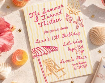 Beach Birthday Invitation for Girls | 13th Birthday Editable Canva Template | Summer Party | Digital Dowload