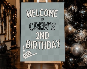 Halloween Birthday Welcome Sign Template | Bad Two The Bone Party Sign  Skeleton 2nd Birthday Welcome Poster | Editable Halloween Decor