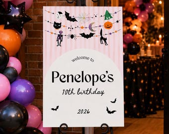 ピンクのハロウィン誕生日ウェルカムサイン | ギャザーユアブーズパーティーサイン | かわいいゴーストパンプキン魔女ハロウィン誕生日デコレーション | 編集可能なキャンバスサイン
