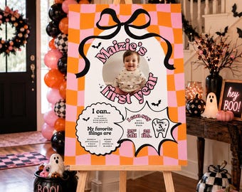 Halloween First Birthday Welcome Sign Template | One Spooky Babe Birthday Sign | First Boo Day Welcome Sign | Editable Canva Halloween Decor