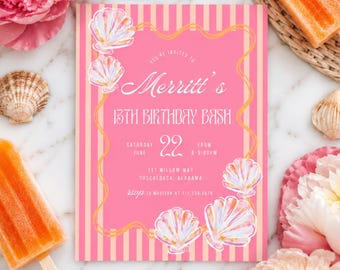 Seashell Birthday Invitation Template | Coastal Teen Beach Party Invite | Digital Download